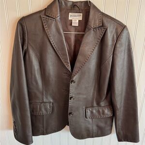 Pendleton Dark Brown Soft 100% Leather 3 Button Blazer Vintage Stitched Accents